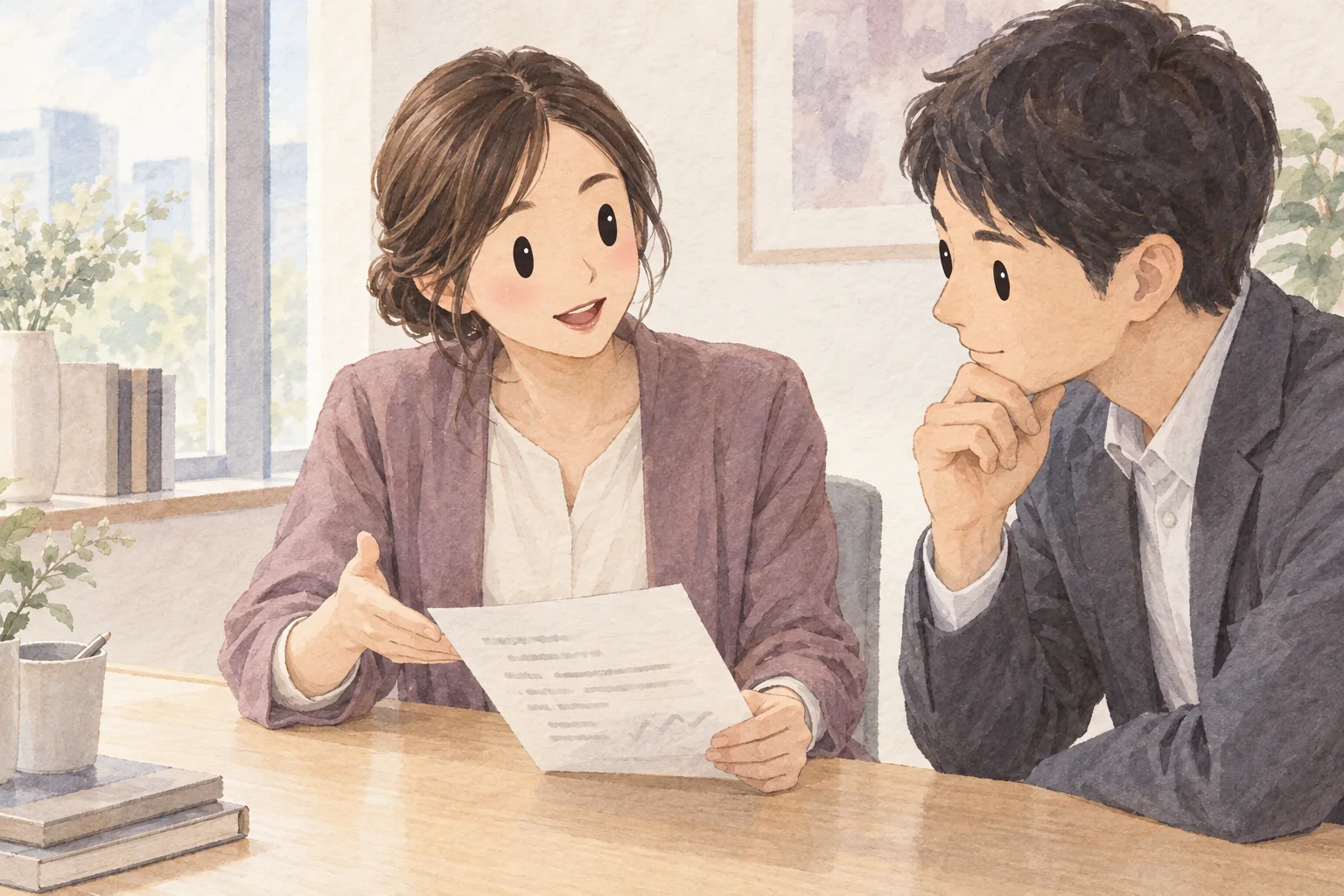 英文原稿について同僚へ説明する女性のイラスト